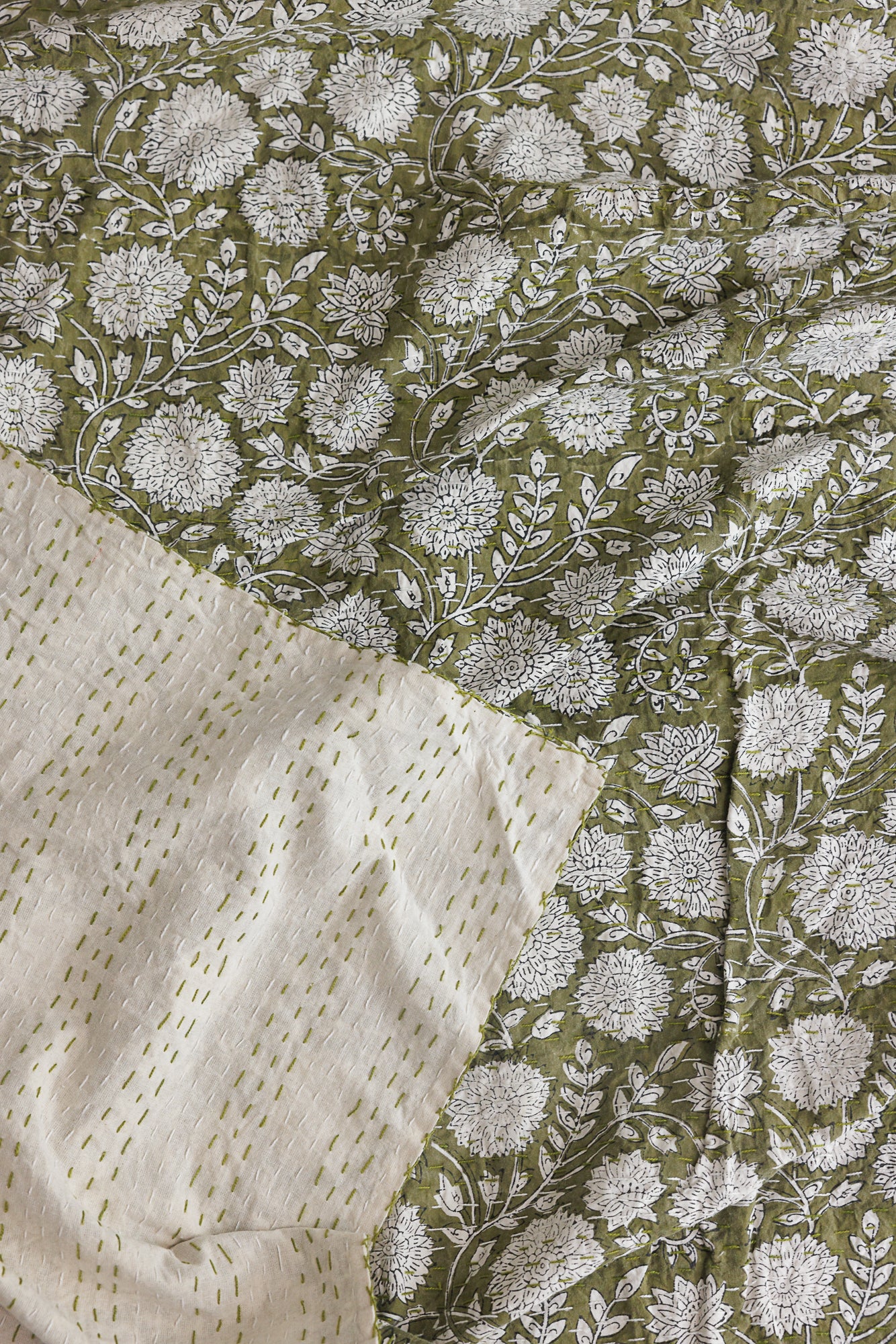 Kantha Quilt Olive Flowers